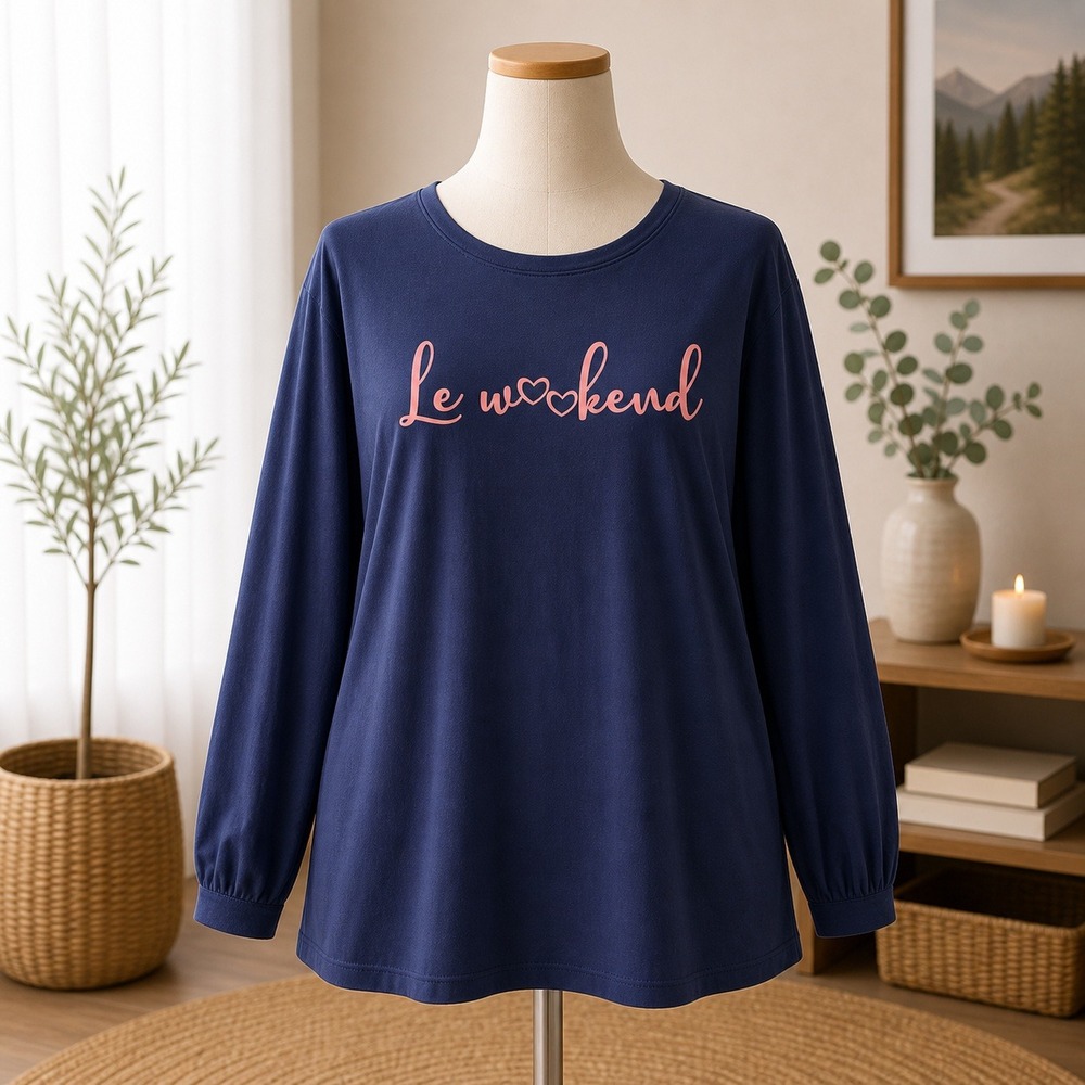 AnyBody Navy Blue Le Weekend Graphic Long Sleeve Tee‎ Shirt Womens Medium